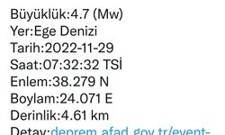 Ege Denizi açıklarında 4.7 büyüklüğünde deprem