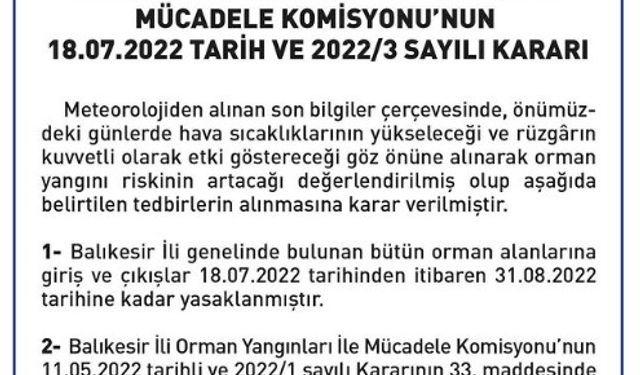 Balıkesir'de Ormanlara Giriş Yasaklandı